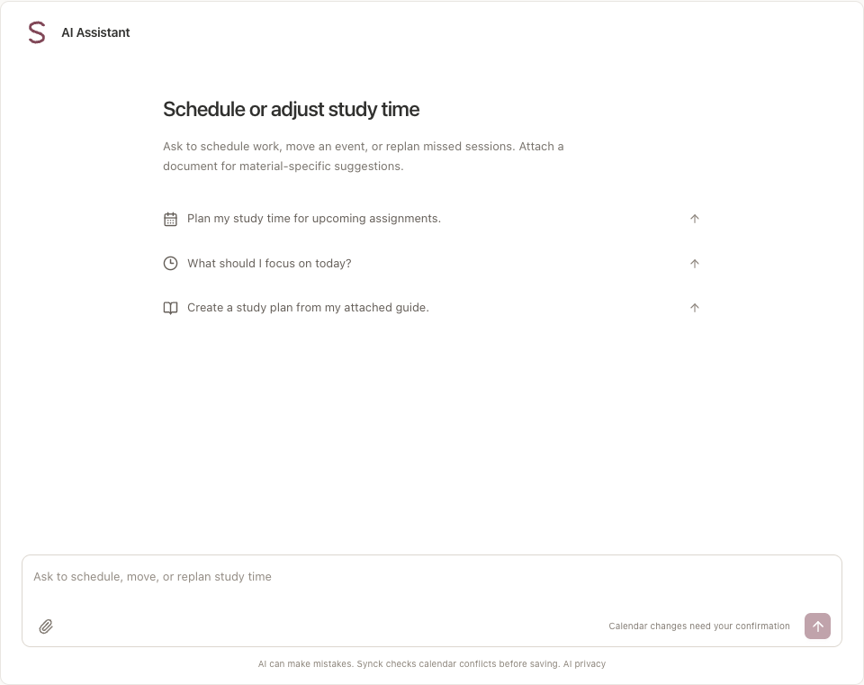 Synck AI Assistant with scheduling prompts, document attachments, and a message composer