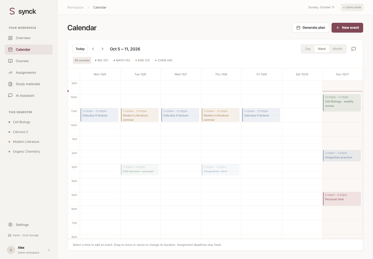 Synck calendar showing course-colored classes and scheduled study sessions in Demo Mode